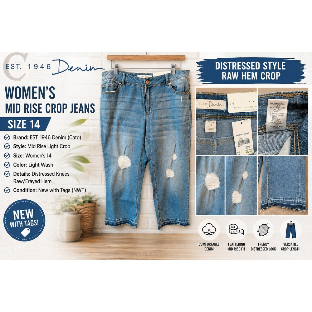 EST. 1946 Denim Cato Womens 14 Mid Rise Crop Jeans Light Wash Distressed Raw Hem